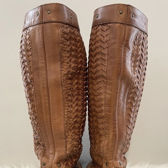 FRYE Shirley Woven Tan Leather Knee High Tall Western Riding Stud Boots Sz 6.5 - Picture 13 of 16